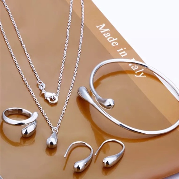 Sterling Silver Tear Drop Geometric Matching Necklace Bracelet Earrings Set - Picture 2 of 15